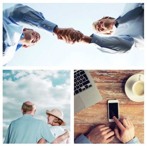montage of retired couple, handshake and telephone
